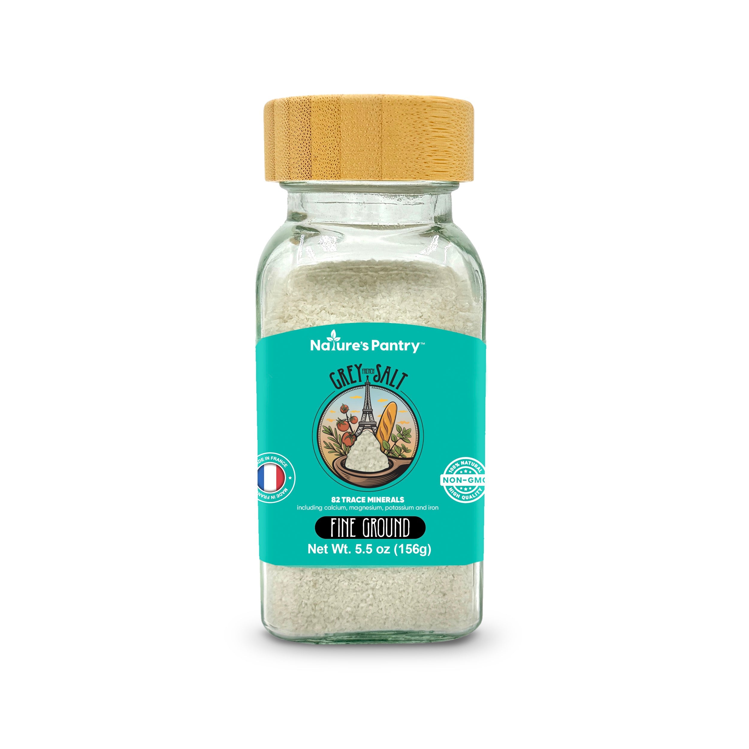 Glass jar of Nature's Pantry coarse salt with a wooden lid on a white background