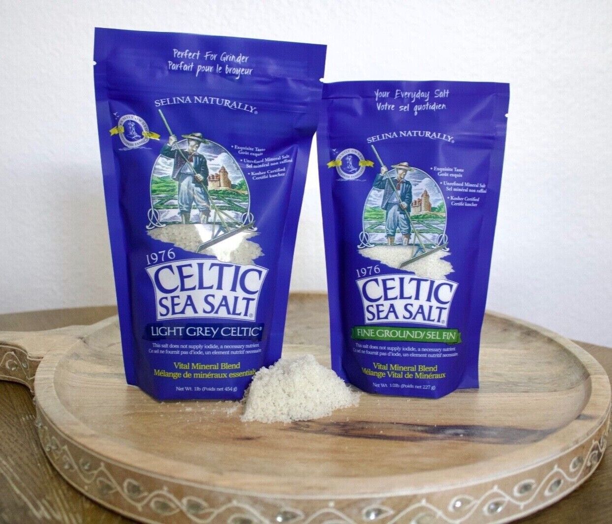 BUNDLE Celtic Salt- Coarse Light Gray 1lb bag + Fine Ground 1/2 lb Bag organic